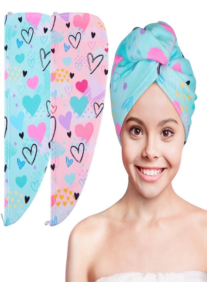 Basumee Microfiber Hair Towel Wrap for Kids 2 Pack Rapid Drying Hair Towel with Button Hair Turbans for Wet Hair Wraps Head Towel Wrap for Women and Girls, Blue - Image 1